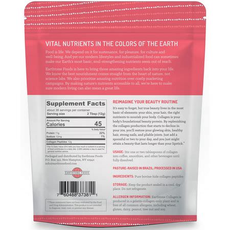 肽, 美容: Earthtone Foods, Grass-Fed Collagen Peptides, Unflavored, 16 oz (454 g)