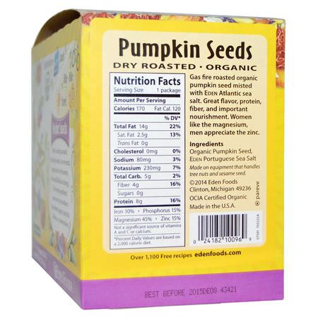 小吃, Pepitas: Eden Foods, Organic, Pocket Snacks, Pumpkin Seeds, Dry Roasted, 12 Packages, 1 oz (28.3 g) Each