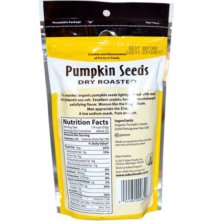 小吃, Pepitas: Eden Foods, Organic, Pumpkin Seeds, Dry Roasted, 4 oz (113 g)