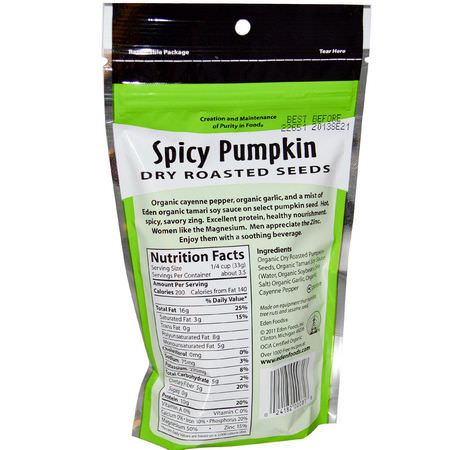 Pepitas, 南瓜籽: Eden Foods, Organic, Spicy Pumpkin Dry Roasted Seeds, 4 oz (113 g)