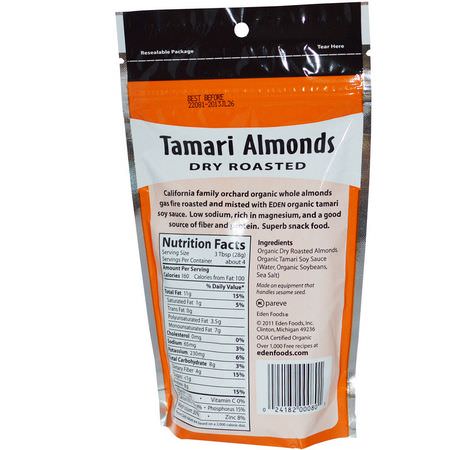 小吃, 杏仁: Eden Foods, Organic Tamari Almonds, Dry Roasted, 4 oz (113 g)