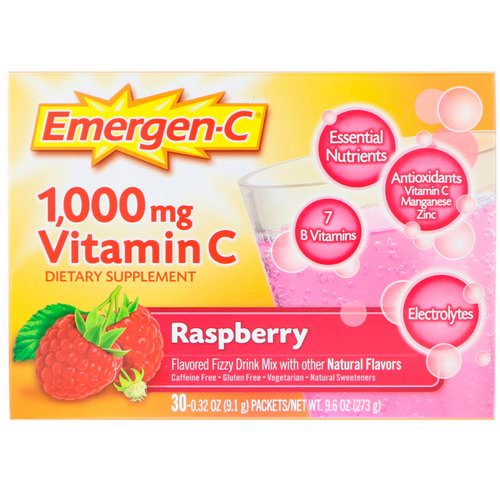 Emergen-C, Vitamin C, Flavored Fizzy Drink Mix, Raspberry, 1,000 mg, 30 Packets, 0.32 oz (9.1 g) Each Review