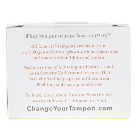衛生棉條, 女性衛生: Emerita, Organic Cotton Tampons with Security Veil, Non-Applicator, Regular, 24 Tampons