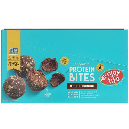 蛋白質小吃, 布朗尼蛋糕: Enjoy Life Foods, Chocolate Protein Bites, Dipped Banana, 8 Pouches, 1.7 oz (48 g) Each