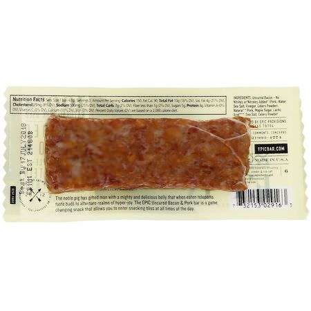 肉類零食, 生澀: Epic Bar, Uncured Bacon, Pork + Maple Bar, 12 Bars, 1.5 oz (43 g) Each