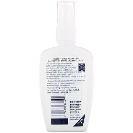 面霜, 面部保濕霜: Eucerin, Daily Protection Moisturizing Face Lotion, Sunscreen SPF 30, Fragrance Free, 4 fl oz (118 ml)