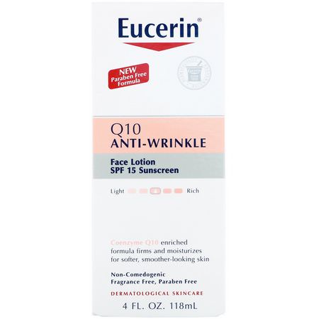 面霜, 面部保濕霜: Eucerin, Q10 Anti-Wrinkle Sensitive Skin Lotion, SPF 15 Sunscreen, 4 fl oz (118 ml)