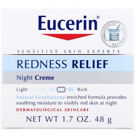 夜間保濕霜, 乳霜: Eucerin, Redness Relief, Dermatological Skincare, Night Creme, 1.7 oz (48 g)