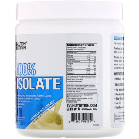 乳清蛋白, 運動營養: EVLution Nutrition, 100% Isolate, Vanilla Ice Cream, 0.33 lb (150 g)