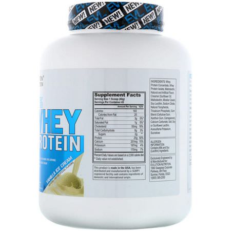 乳清蛋白, 運動營養: EVLution Nutrition, 100% Whey Protein, Vanilla Ice Cream, 4 lb (1814 g)