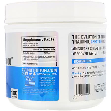 一水肌酸, 肌酸: EVLution Nutrition, Creatine 5000, Unflavored, 17.6 oz (500 g)