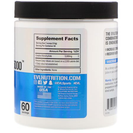 一水肌酸, 肌酸: EVLution Nutrition, Ultra Pure Creatine5000, Unflavored, 5,000 mg, 10.6 oz (300 g)