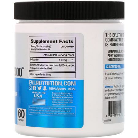 L-谷氨酰胺, 氨基酸: EVLution Nutrition, Glutamine5000, Unflavored, 5000 mg, 10.6 oz (300 g)