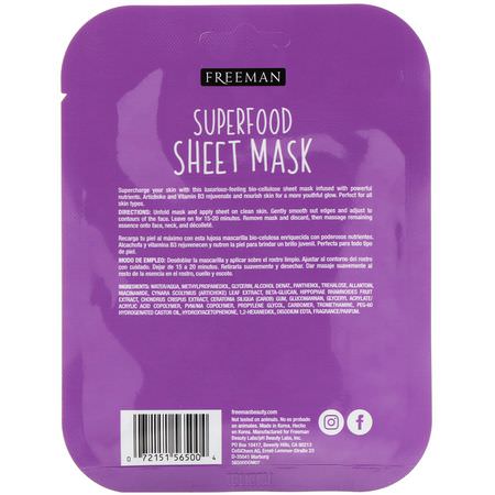抗衰老面膜, 果皮: Freeman Beauty, Superfood Sheet Mask, Anti-Aging Artichoke, 1 Mask, 0.84 fl oz (25 ml)