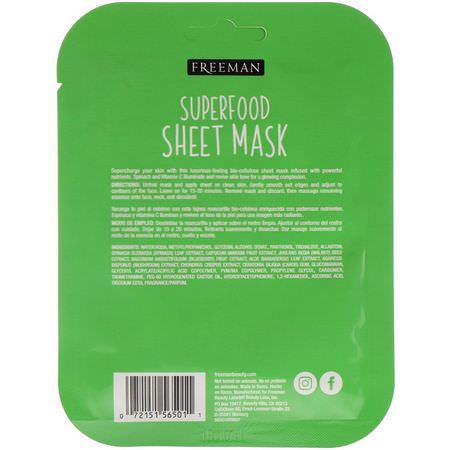 提亮面膜, 果皮: Freeman Beauty, Superfood Sheet Mask, Brightening Spinach, 1 Mask