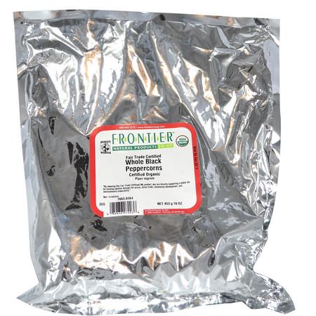辣椒, 香料: Frontier Natural Products, Organic Whole Black Peppercorns, 16 oz (453 g)