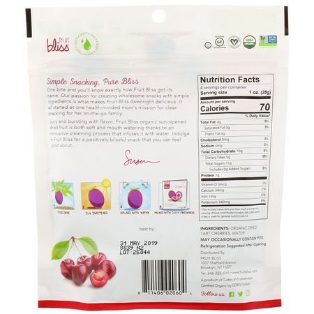 蔬菜零食, 櫻桃: Fruit Bliss, Soft & Juicy Tart Cherries, Organic, Dried & Pitted, 4 oz (113 g)