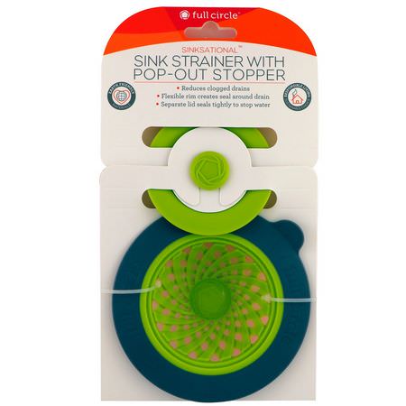 洗碗, 清潔: Full Circle, Sinksational, Sink Strainer with Pop-Out Stopper, Green & Slate, 1 Strainer & 1 Stopper