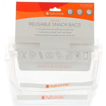 容器, 食物儲藏: Full Circle, ZipTuck, Reusable Snack Bags, Clear, 2 Bags