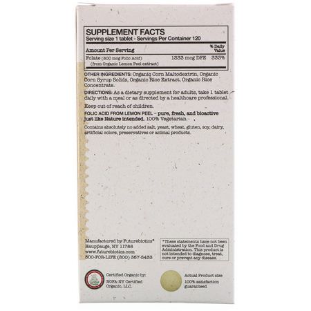 葉酸, 維生素B: FutureBiotics, Folic Acid From Lemon Peel, 800 mcg, 120 Organic Vegetarian Tablets