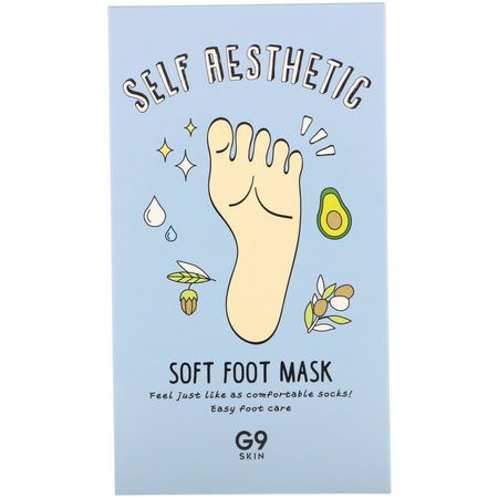 K美容足部護理: G9skin, Self Aesthetic, Soft Foot Mask, 5 Masks, 0.40 fl oz (12 ml)