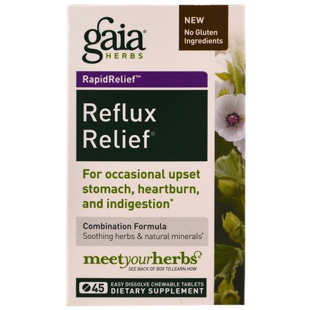 反流緩解, 消化: Gaia Herbs, Reflux Relief, 45 Easy Dissolve Chewable Tablets