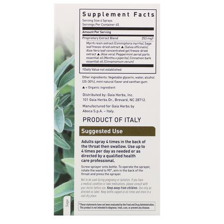 流感, 咳嗽: Gaia Herbs, Throat Shield Spray, Sage & Aloe, 30 ml