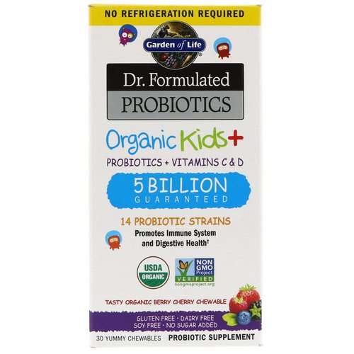 Garden of Life, Dr. Formulated Probiotics, Organic Kids +, Probiotics + Vitamins C & D, Tasty Organic Berry Cherry, 5 Billion, 30 Yummy Chewables Review