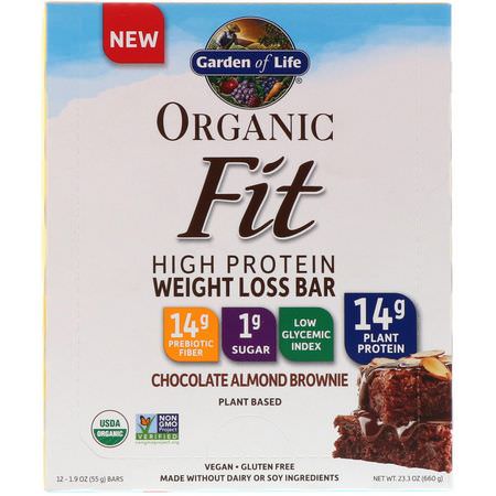 減肥棒, 飲食: Garden of Life, Organic Fit, High Protein Weight Loss Bar, Chocolate Almond Brownie, 12 Bars, 1.9 oz (55 g) Each