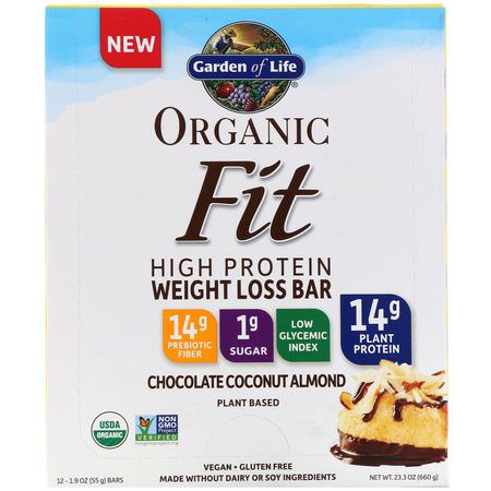 減肥棒, 飲食: Garden of Life, Organic Fit, High Protein Weight Loss Bar, Chocolate Coconut Almond, 12 Bars, 1.9 oz (55 g) Each