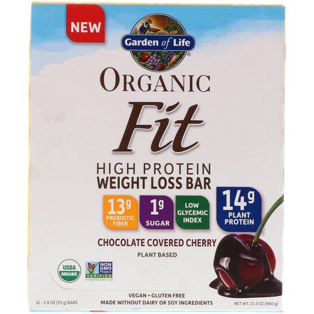 減肥棒, 減肥: Garden of Life, Organic Fit, High Protein Weight Loss Bar, Chocolate Covered Cherry, 12 Bars, 1.9 oz (55 g) Each