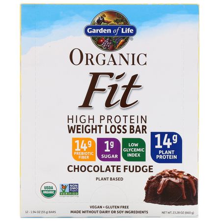 減肥棒, 飲食: Garden of Life, Organic Fit, High Protein Weight Loss Bar, Chocolate Fudge, 12 Bars, 1.9 oz (55 g) Each