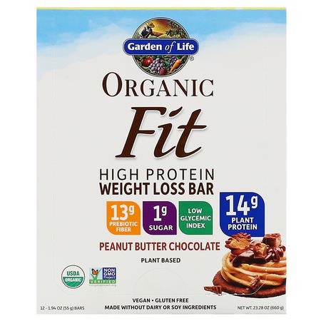 減肥棒, 飲食: Garden of Life, Organic Fit, High Protein Weight Loss Bar, Peanut Butter Chocolate, 12 Bars, 1.94 oz (55 g) Each