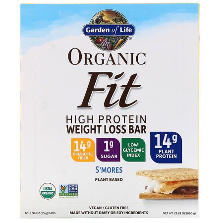 減肥棒, 飲食: Garden of Life, Organic Fit, High Protein Weight Loss Bar, S'mores, 12 Bars, 1.9 oz (55 g) Each