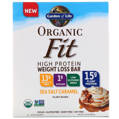 基於植物的蛋白質棒, 蛋白質棒: Garden of Life, Organic Fit High Protein Weight Loss Bar, Sea Salt Caramel, 12 Bars, 1.9 oz (55 g) Each
