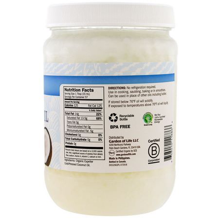 椰子油, 椰子補品: Garden of Life, Raw Extra Virgin Coconut Oil, 29 fl oz (858 ml)
