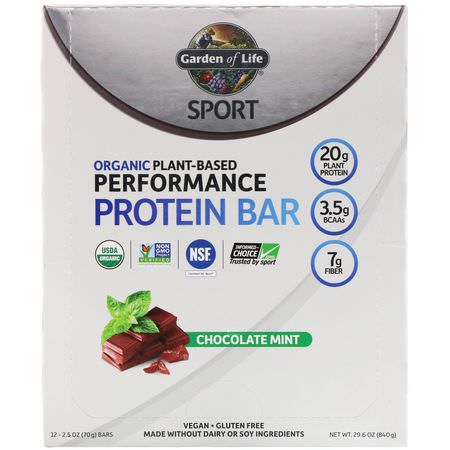 基於植物的蛋白質棒, 蛋白棒: Garden of Life, Sport, Organic Plant-Based Performance Protein Bar, Chocolate Mint, 12 Bars, 2.5 oz (70 g) Each