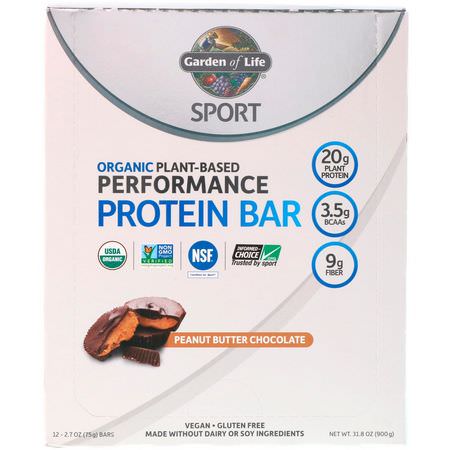 基於植物的蛋白質棒, 蛋白棒: Garden of Life, Sport, Organic Plant-Based Performance Protein Bar, Peanut Butter Chocolate, 12 Bars, 2.7 oz (75 g) Each
