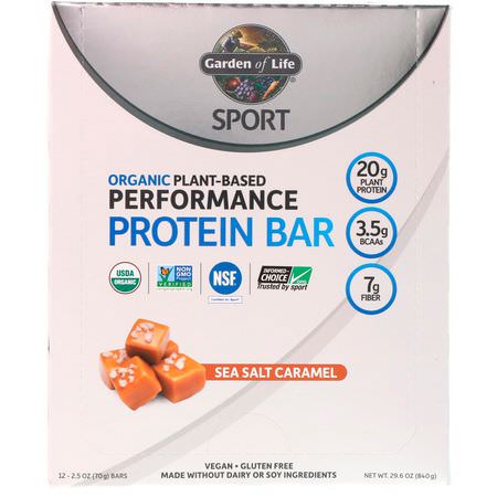 基於植物的蛋白質棒, 蛋白質棒: Garden of Life, Sport, Organic Plant-Based Performance Protein Bar, Sea Salt Caramel, 12 Bars, 2.5 oz (70 g) Each