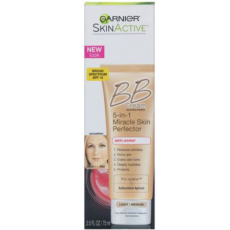 BB-CC面霜, 臉部: Garnier, SkinActive, 5-in-1 Miracle Skin Perfector BB Cream, Anti-Aging, Light/Medium, 2.5 fl oz (75 ml)
