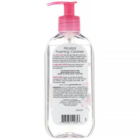 濕巾, 卸妝水: Garnier, SkinActive, Micellar Foaming Cleanser, All-in-1 Rinse Off, All Skin Types, 6.7 fl oz (200 ml)
