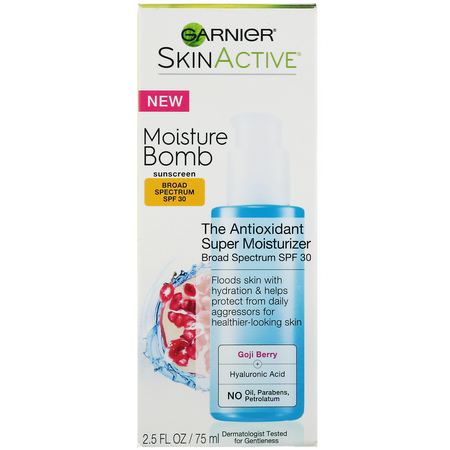 面部保濕霜, 護膚: Garnier, SkinActive, Moisture Bomb, The Antioxidant Super Moisturizer, SPF 30, 2.5 fl oz (75 ml)