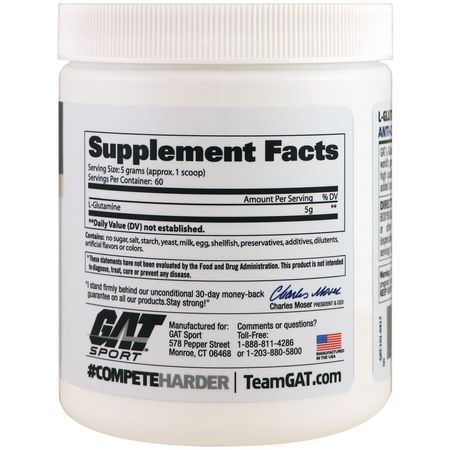 L-谷氨酰胺, 氨基酸: GAT, L-Glutamine, Unflavored, 10.58 oz (300 g)