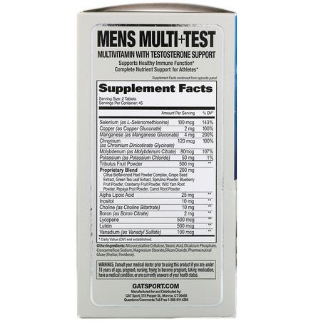 睾丸激素, 男士多種維生素: GAT, Men's Multi+Test, Multivitamin with Testosterone Support, 90 Tablets
