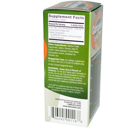 薑黃素, 薑黃: Genceutic Naturals, Curcumin, 250 mg, 60 Softgels