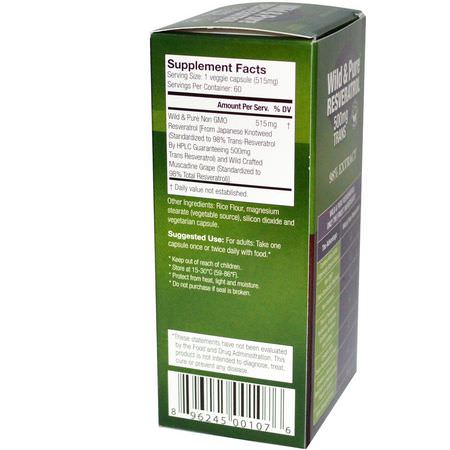白藜蘆醇, 抗氧化劑: Genceutic Naturals, Wild & Pure Resveratrol, 500 mg, 60 V-Caps
