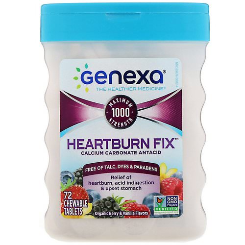 Genexa, Heartburn Fix, Calcium Carbonate Antacid, Organic Berry & Vanilla Flavors, 72 Chewable Tablets Review