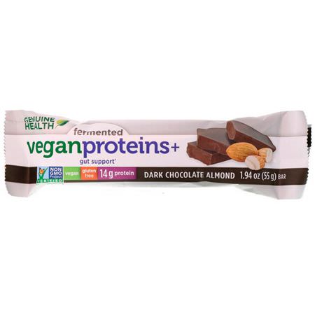 基於植物的蛋白質棒, 蛋白棒: Genuine Health, Fermented Vegan Proteins+, Dark Chocolate Almond, 12 Protein Bars, 1.94 oz (55 g) Each