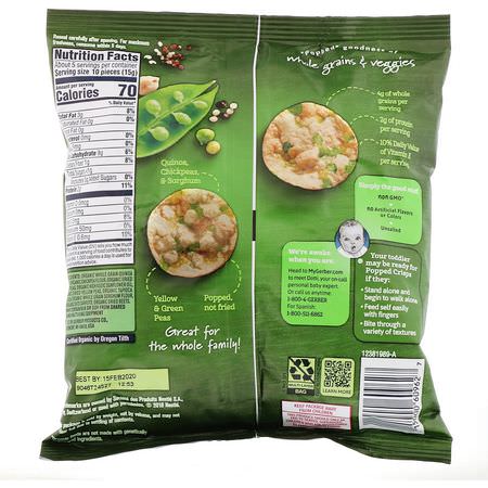 手指食品, 酒吧: Gerber, Organic Popped Crisps, 12+ months, Green & Yellow Peas, 2.64 oz (75 g)
