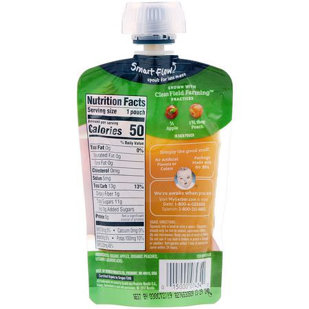 膳食, 果泥: Gerber, Smart Flow Sitter 2nd Foods, Organic Baby Food, Apples & Summer Peaches, 3.5 oz (99 g)